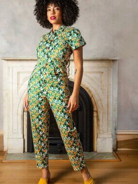 Mixed by Nasrin Classic Jumpsuit XS Floral Toucan Short Sleeve Zipper Pockets